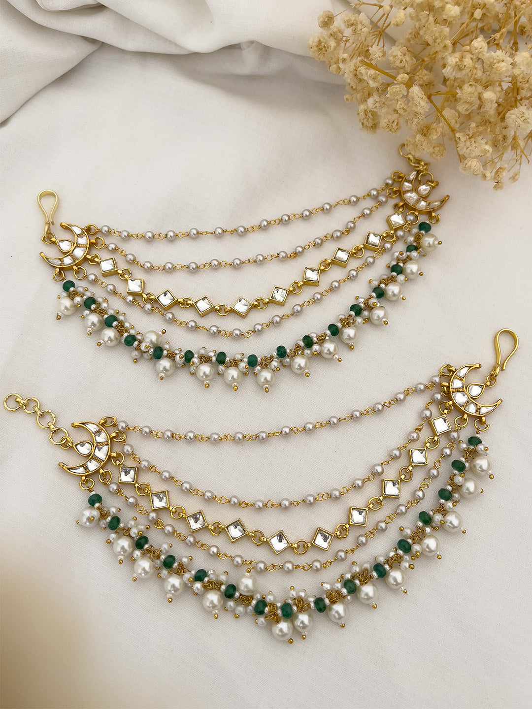 Ishhaara Green Kundan And Pearl Studded Ear Chain