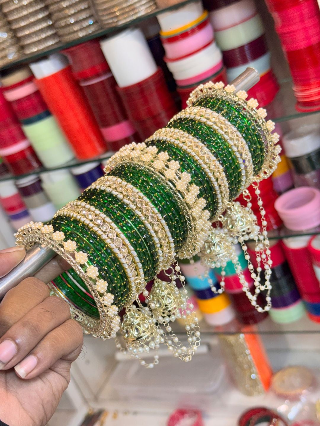 Ishhaara Green Kundan Bangles Set With Pearl Border And Jhumka Latkans - handcrafted Indian jewellery