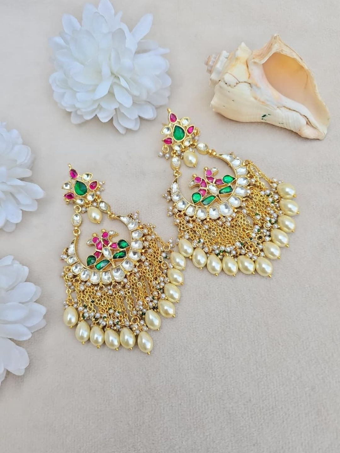 Ishhaara Green Kundan Chandbali Earrings - handcrafted Indian jewellery