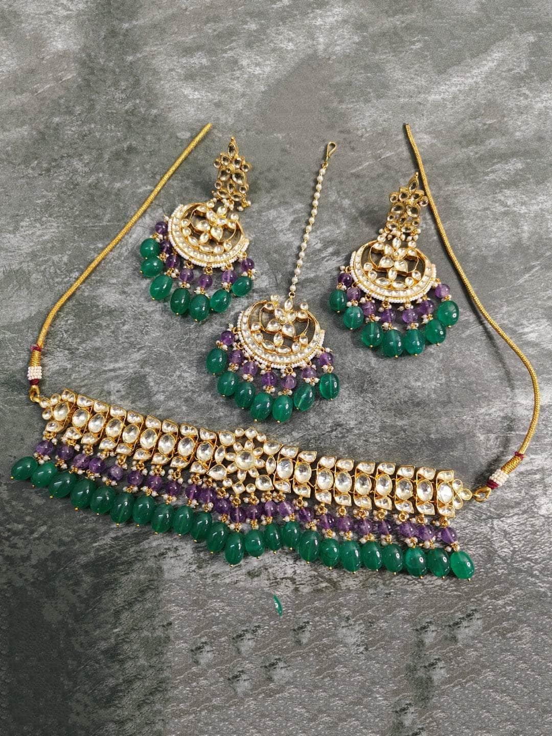 Ishhaara Green Kundan Choker Necklace And Pair Of Earrings