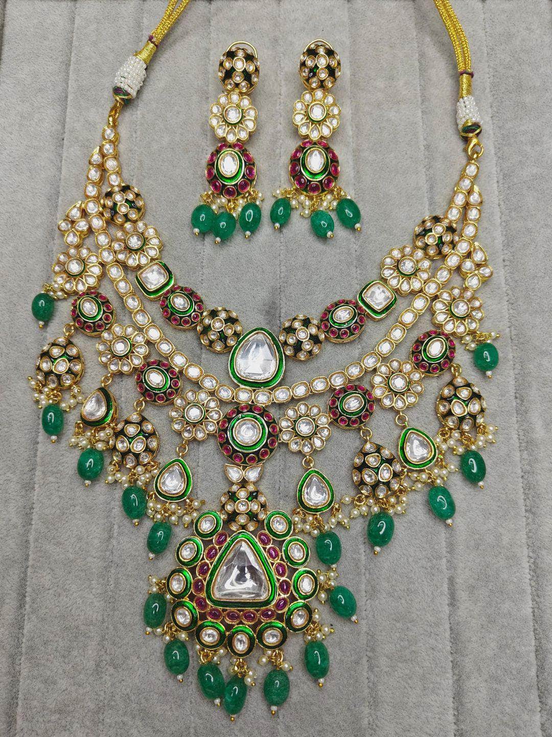 Ishhaara Green Kundan Embellished Layered Necklace Set