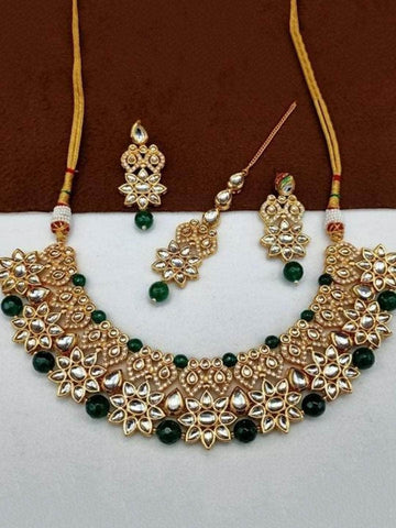 Ishhaara Green Kundan Flower Beads Necklace Set