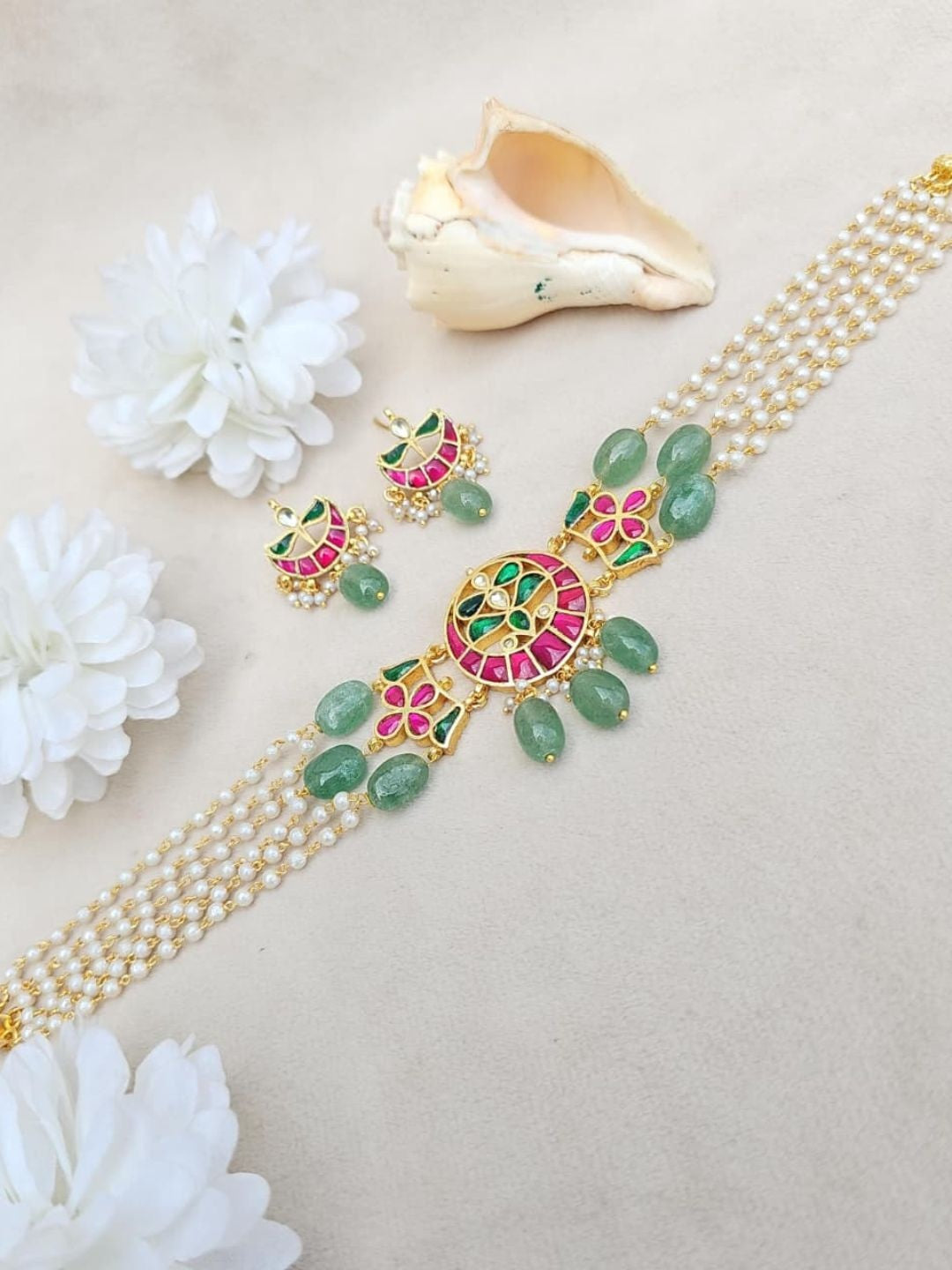 Ishhaara Green Kundan Layered Choker Necklace Set - handcrafted Indian jewellery