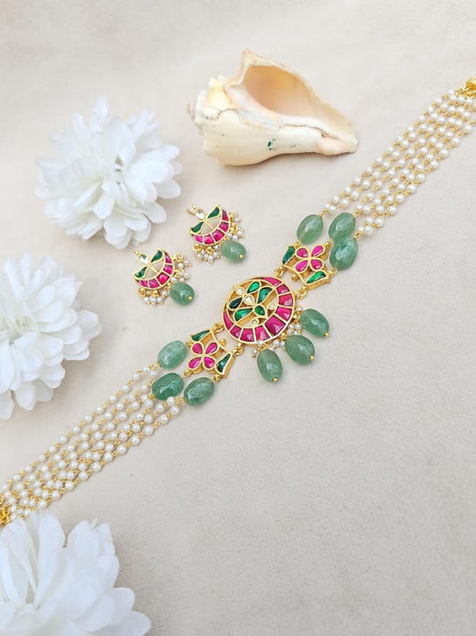 Ishhaara Green Kundan Layered Choker Necklace Set - handcrafted Indian jewellery