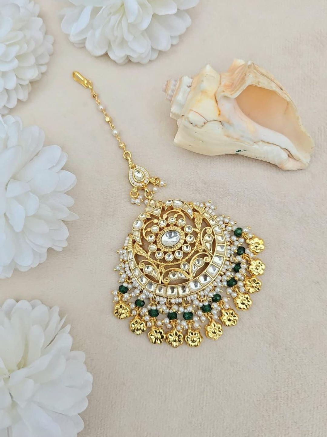 Ishhaara Green Kundan Maang Tikka - handcrafted Indian jewellery
