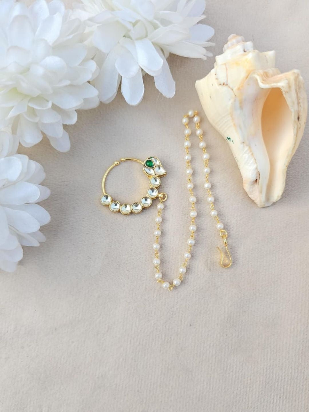 Ishhaara Green Kundan Nath Pearl Mala Set - handcrafted Indian jewellery