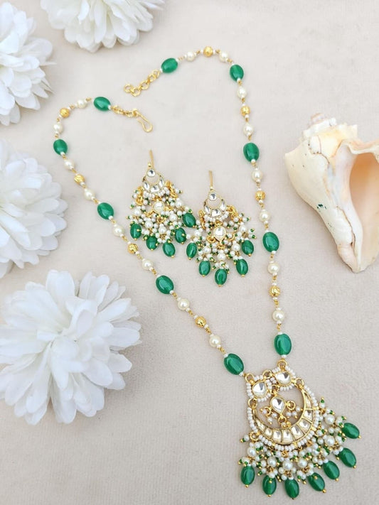 Ishhaara Green Kundan Necklace Earring Tikka Set - handcrafted Indian jewellery