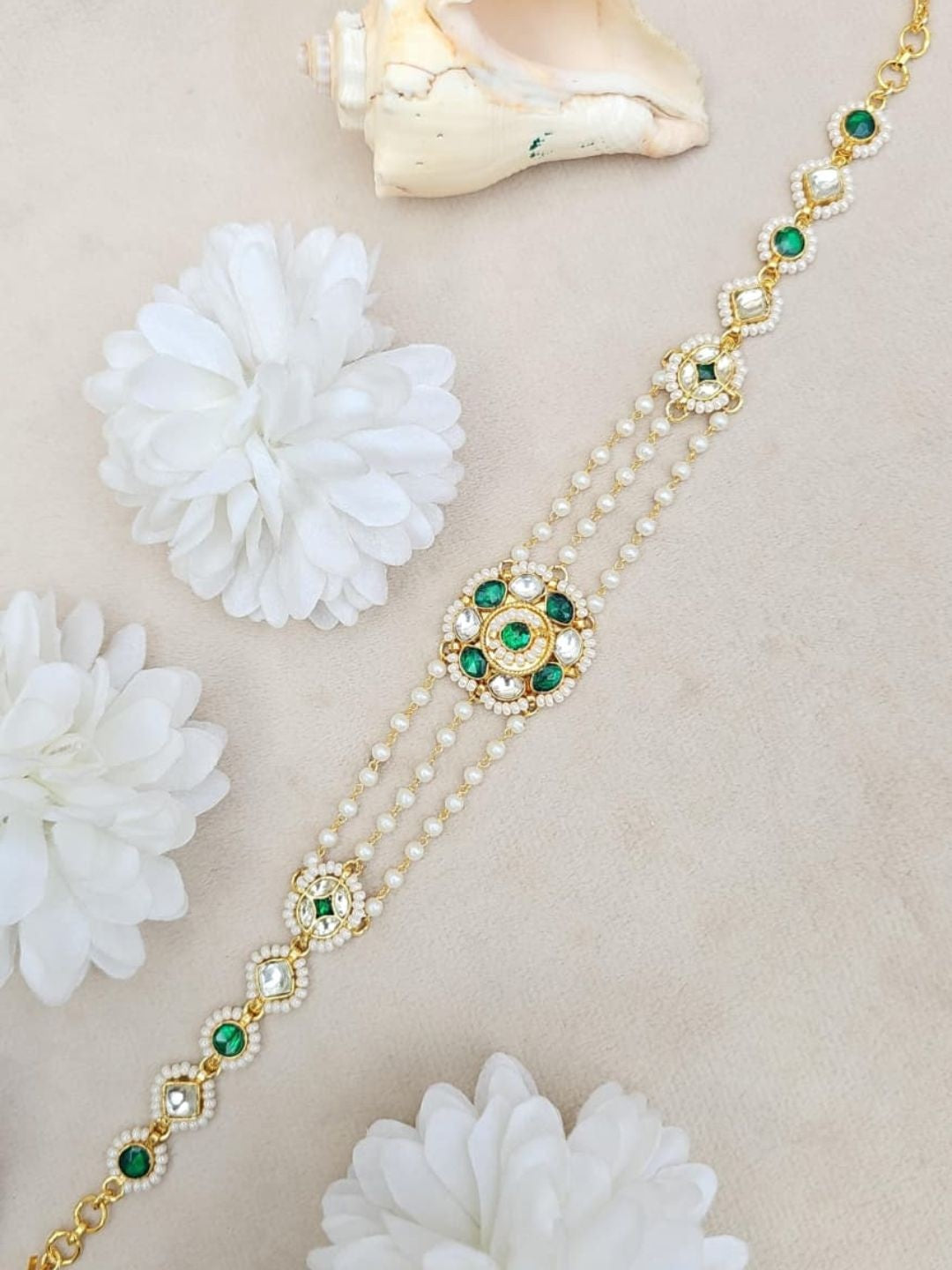Ishhaara Green Kundan Pearl Maang Tikka - handcrafted Indian jewellery