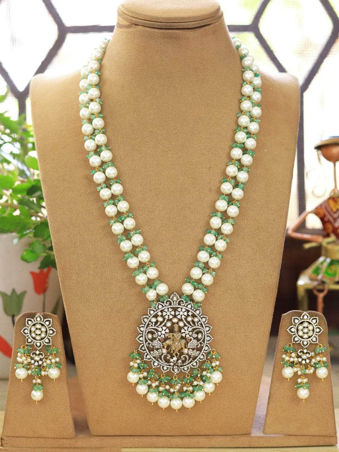 Ishhaara Green Kundan Pearl Studded Long Temple Necklace
