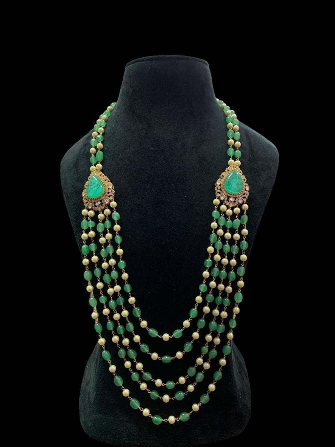 Ishhaara Green Kundan Polki And Glass Bead Mala