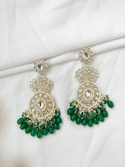 Ishhaara Green Kundan Polki And Pearl Drop Chandbaali Earrings