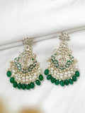 Ishhaara Green Kundan Polki And Pearl Drop Chandbaali Earrings
