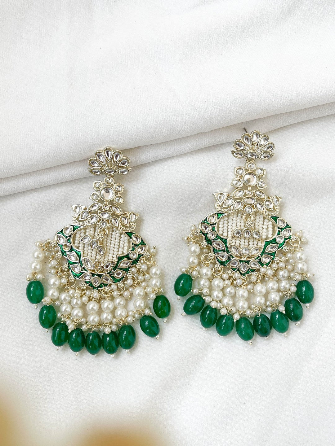 Ishhaara Green Kundan Polki And Pearl Drop Chandbaali Earrings