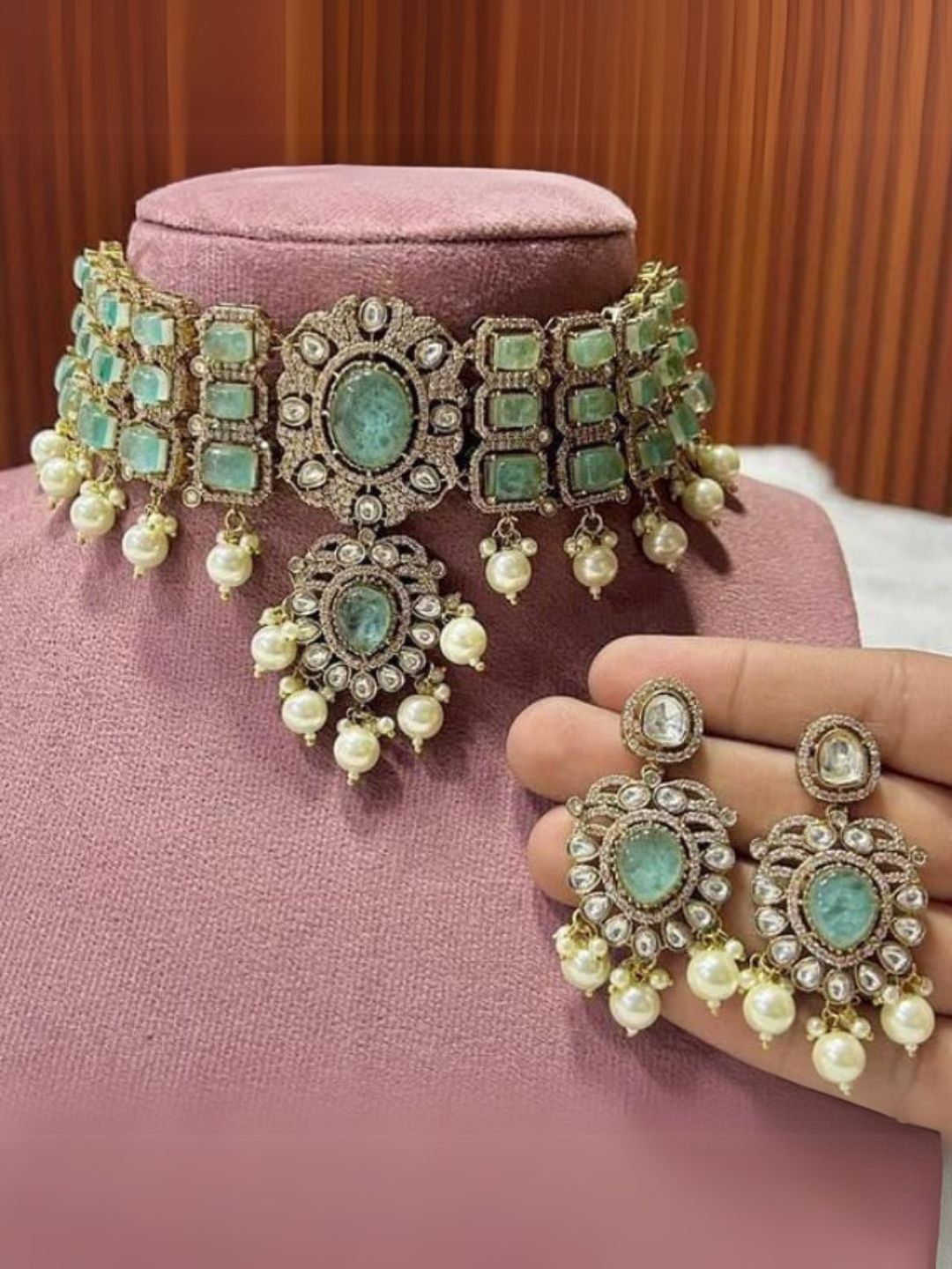 Ishhaara Green Kundan Polki And Pearl Meenakari Choker Necklace Set