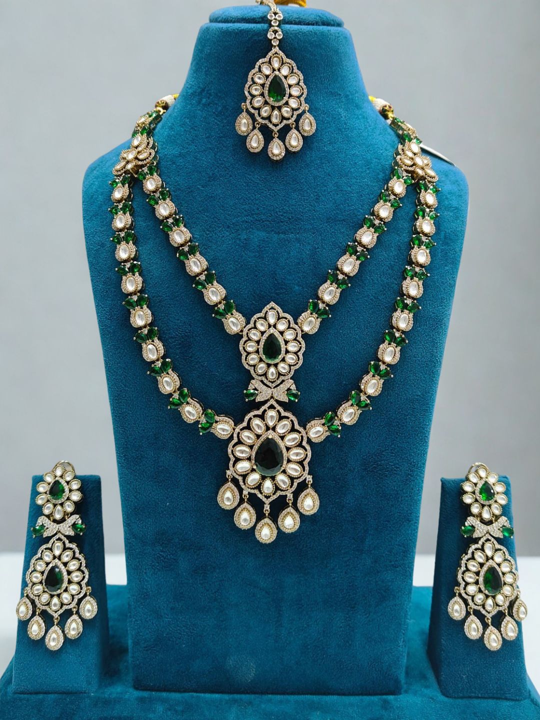 Ishhaara Green Kundan Polki Layered Necklace Set