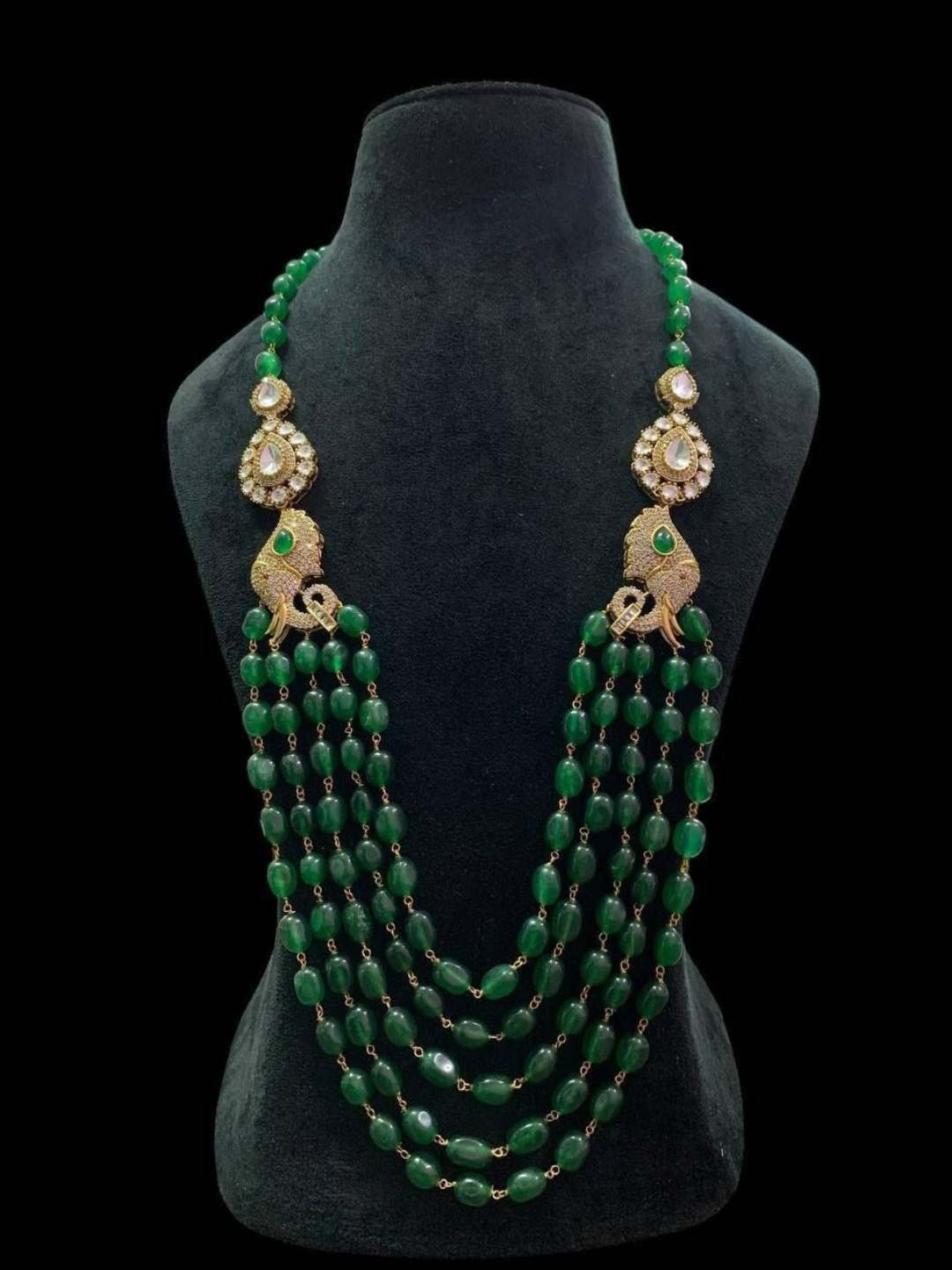 Ishhaara Green Kundan Polki Long Beaded Diamond Necklace Set