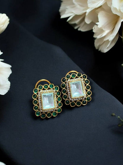 Ishhaara Green Kundan Polki Square Stud Earings