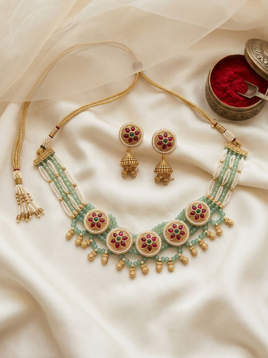 Ishhaara Green Kundan Polki Temple Choker Necklace Set