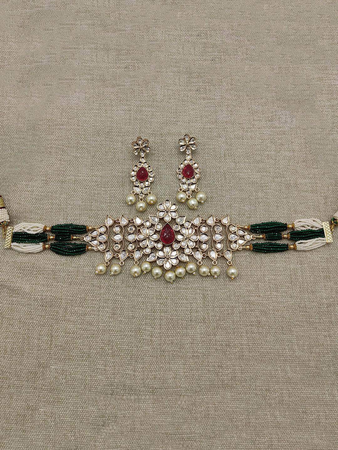 Ishhaara Green Kundan Stone And Pearl Necklace