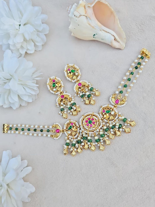 Ishhaara Green Kundan Stone Choker Necklace Set - handcrafted Indian jewellery