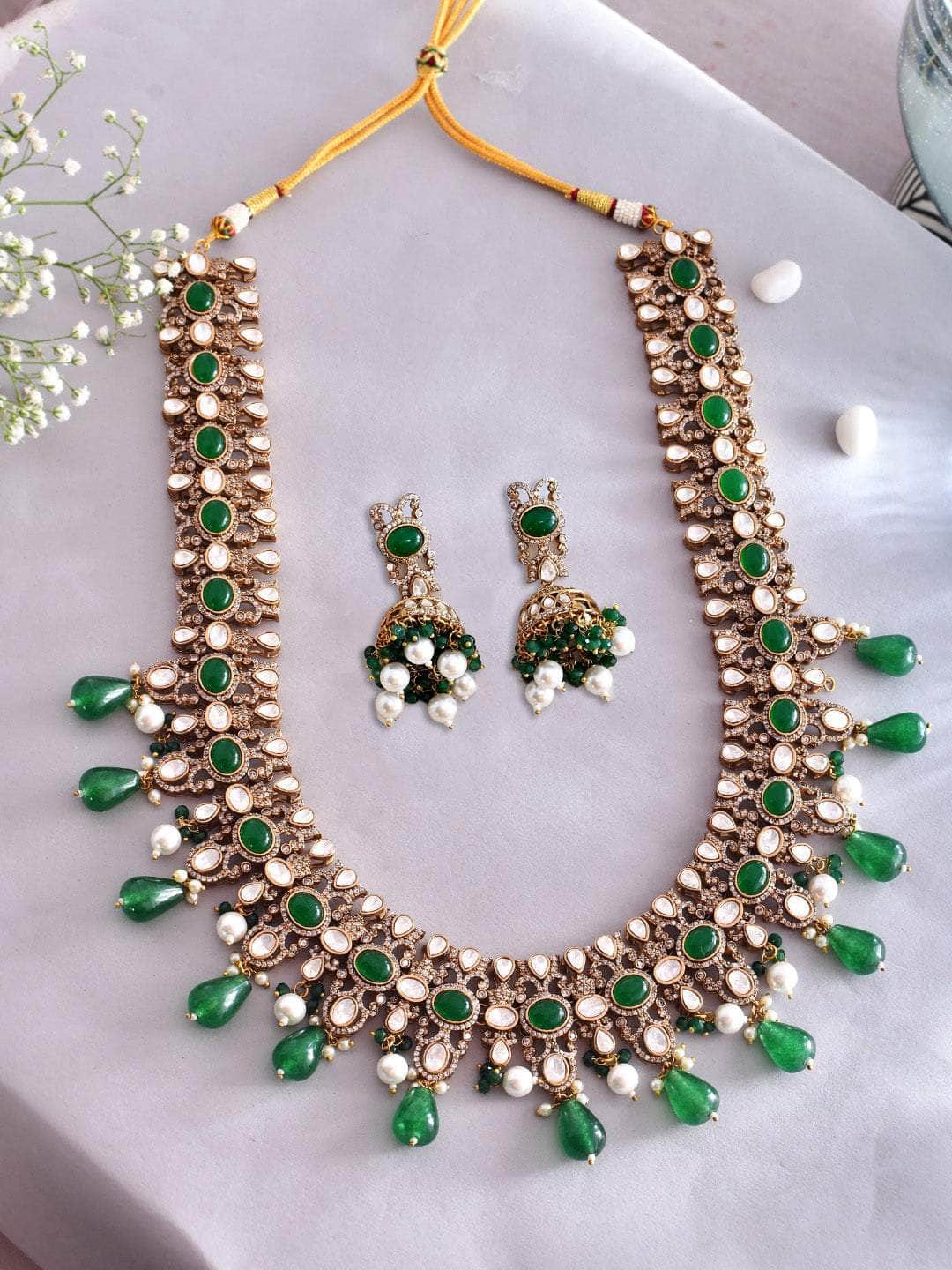 Ishhaara Green Kundan Studded & Beaded Jewelry Set