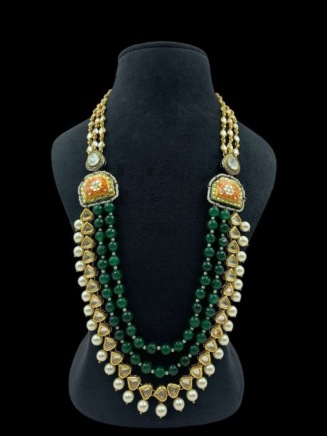Ishhaara Green Layered Long Kundan And Pearl Studded Necklace