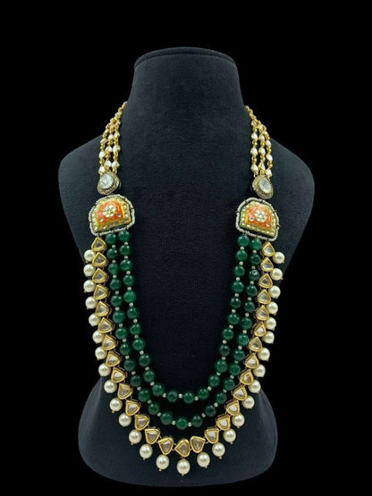 Ishhaara Green Layered Long Kundan And Pearl Studded Necklace