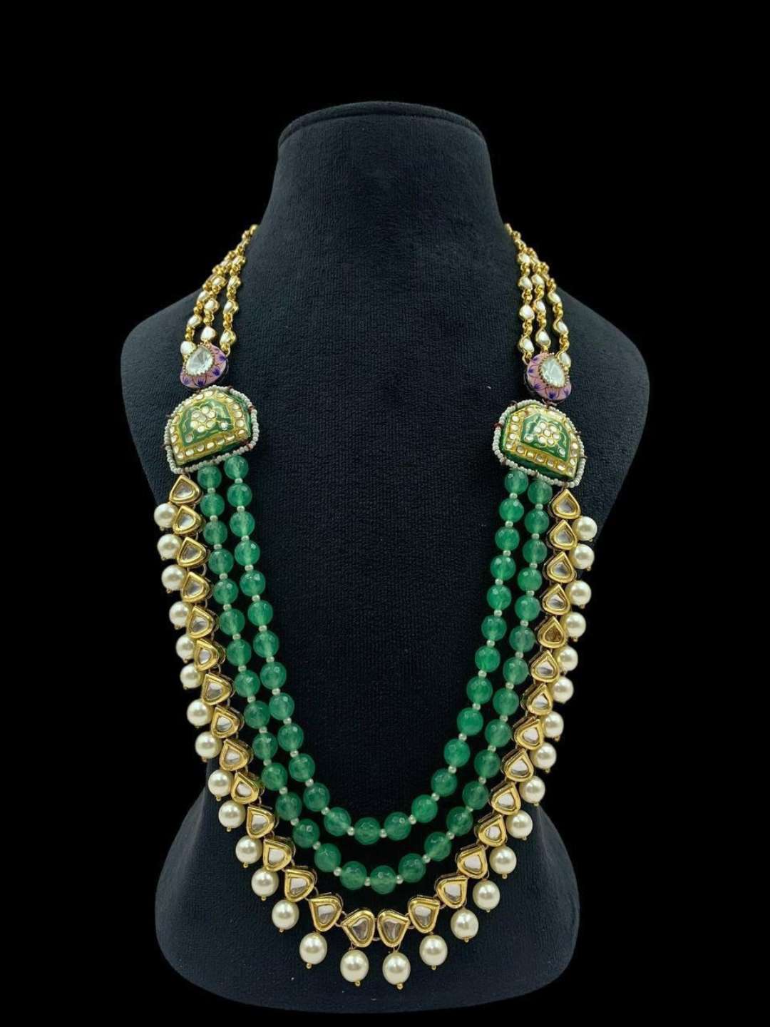 Ishhaara Green Layered Long Kundan And Pearl Studded Necklace