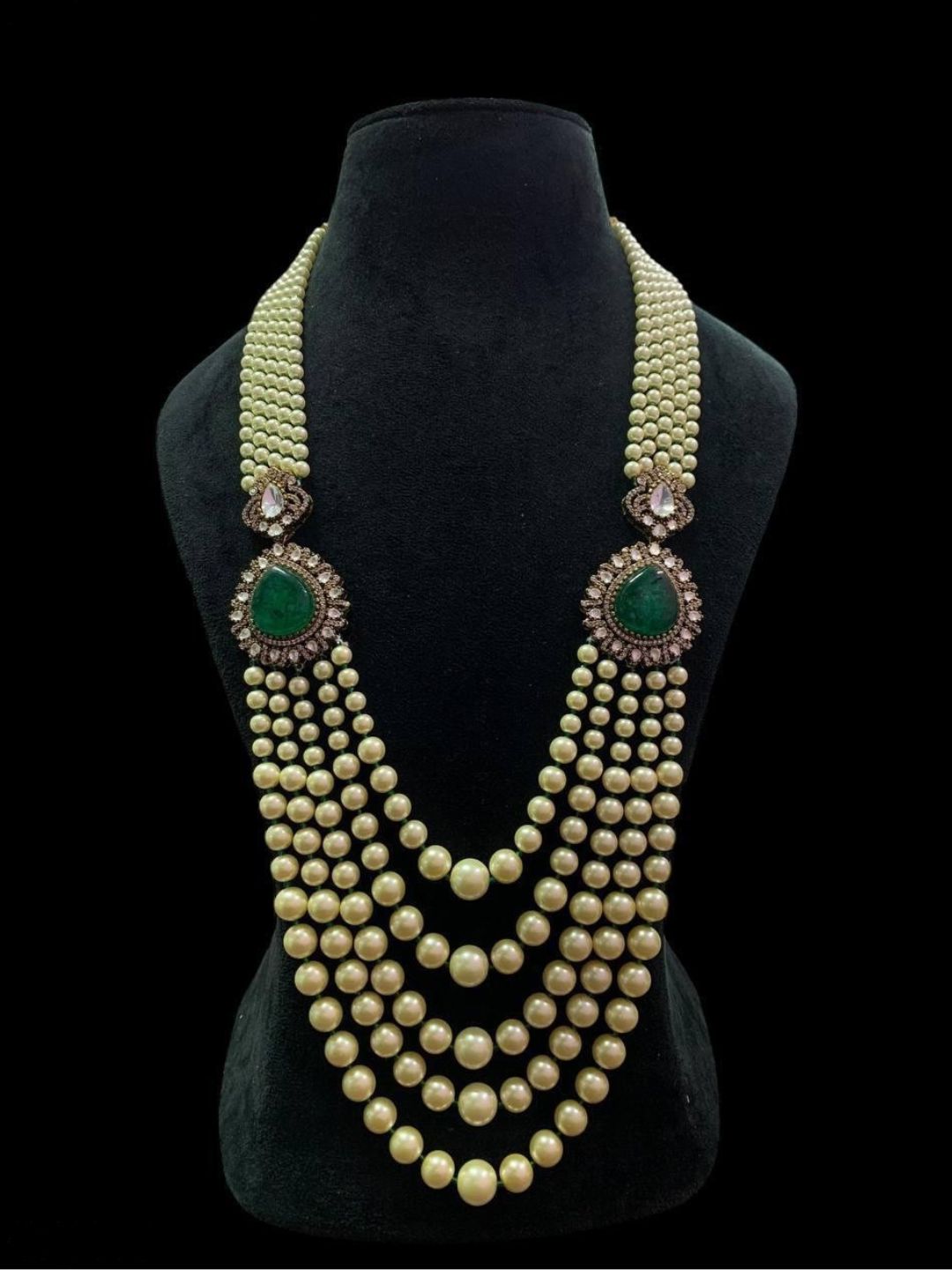 Ishhaara Green Layered Pearl Emerald Necklace