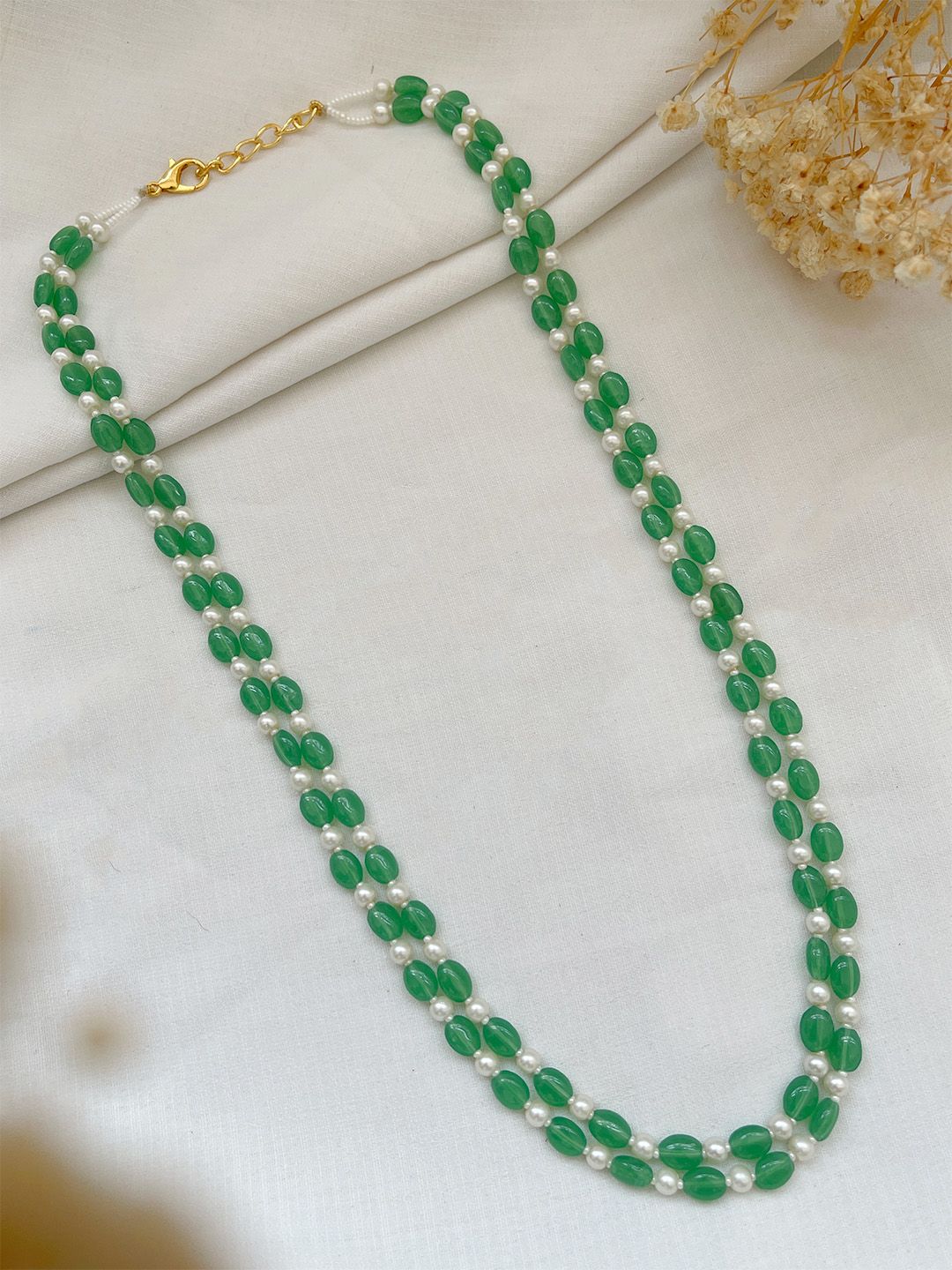 Ishhaara Green Layered Pumpkin Beads And Pearl Studded Mala