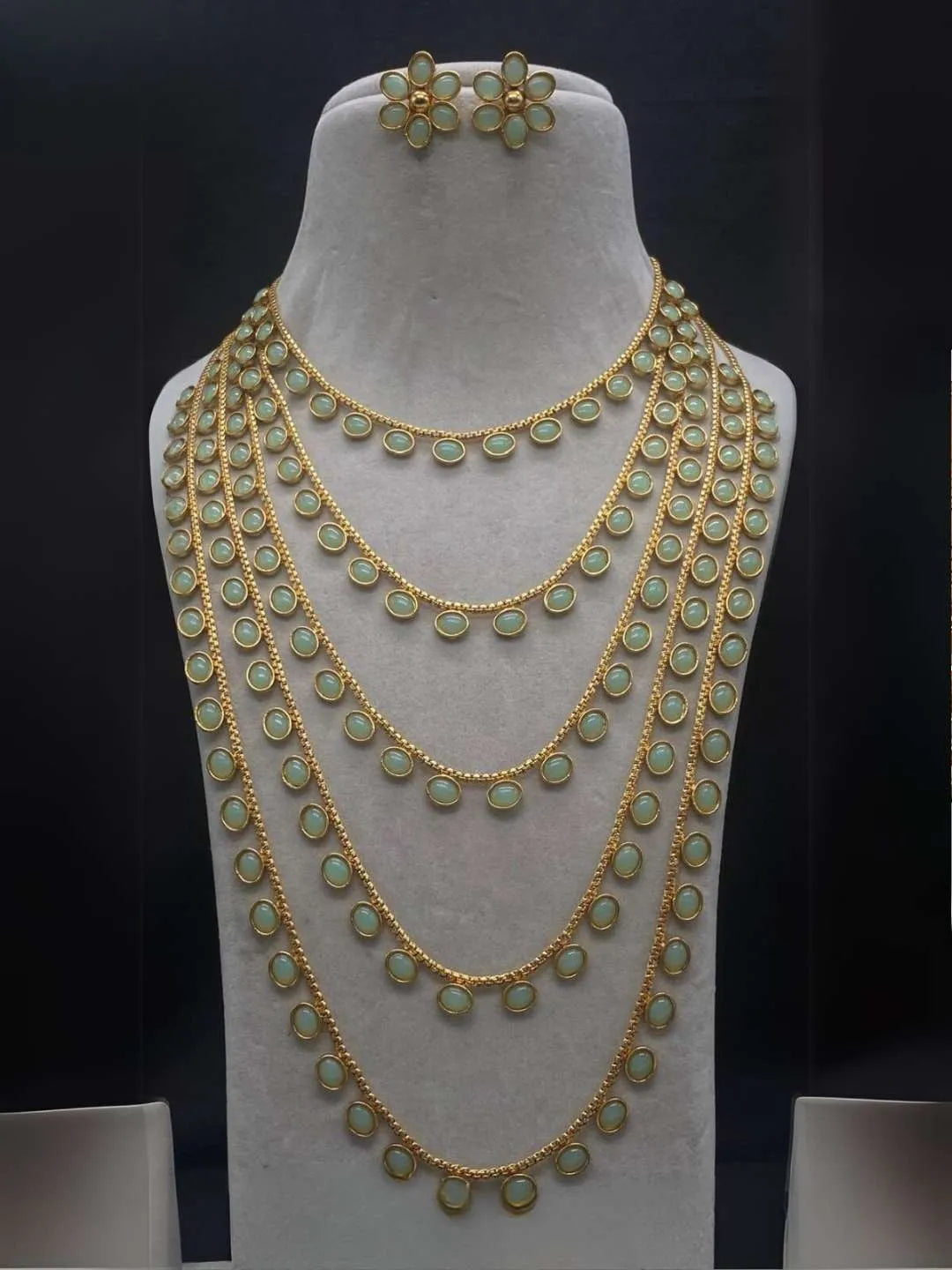 Ishhaara Green Layered Round Kundan Studded Long Necklace