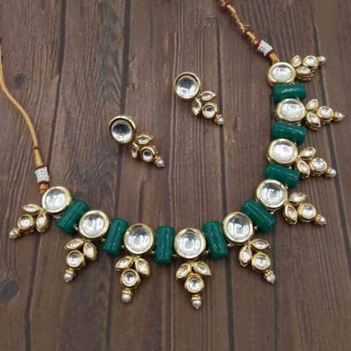 Ishhaara Green Long Bead Kundan Motif Necklace Set