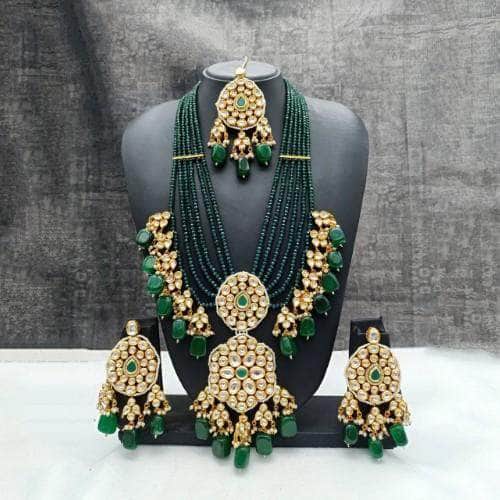 Ishhaara Green Long Dual Pendant Necklace Earring And Teeka Set