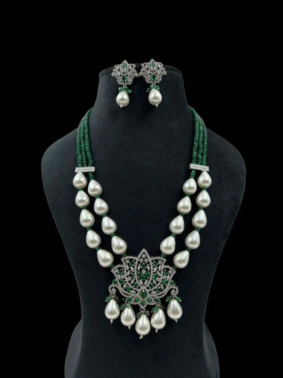 Ishhaara Green Lotus Shaped Pendant Studded Long Necklace