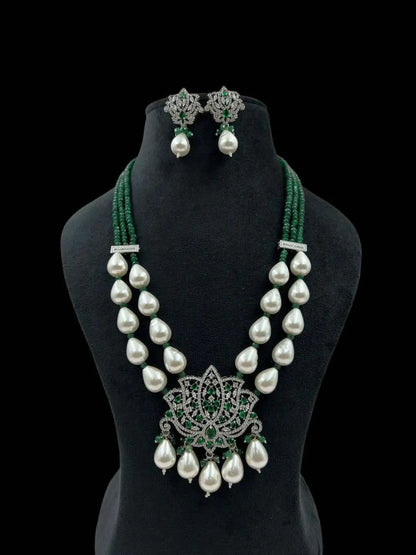 Ishhaara Green Lotus Shaped Pendant Studded Long Necklace