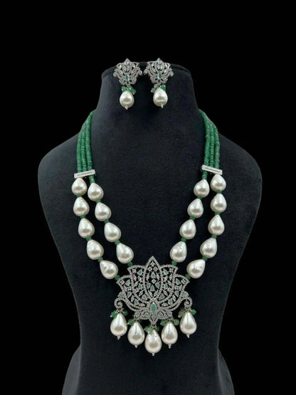 Ishhaara Green Lotus Shaped Pendant Studded Long Necklace