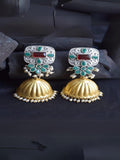 Ishhaara Green Matte Finish Gold Jumka With Glossy Enameled Stud