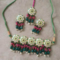 Ishhaara Green Meena Round Colored Choker Earring And Teeka Set