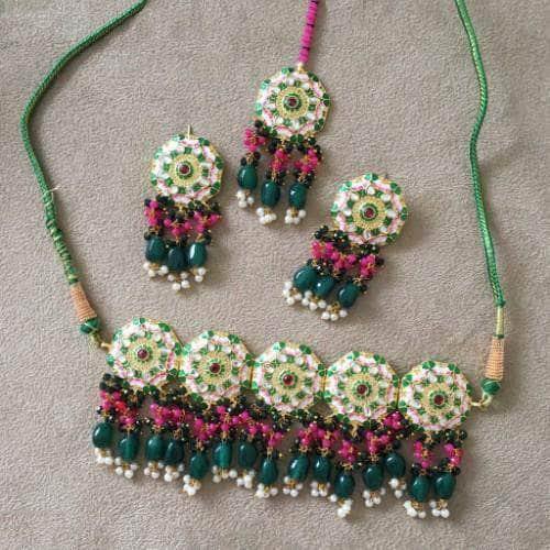 Ishhaara Meena Round Colored Choker Earring And Teeka Set