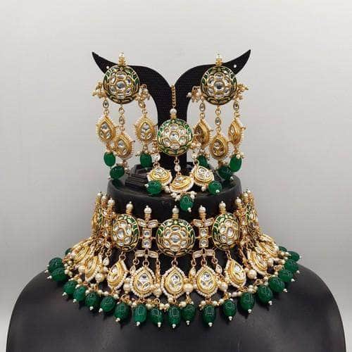 Ishhaara Green Meena Round Jadau Choker Necklace Set