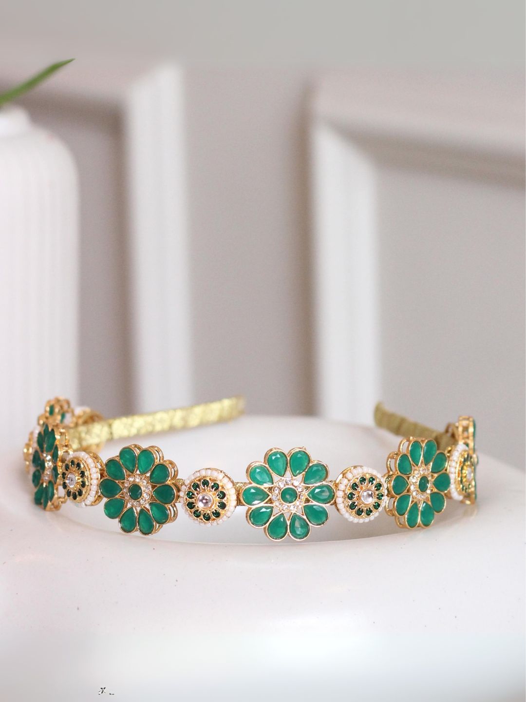 Ishhaara Green Meenakari Flower Hairband