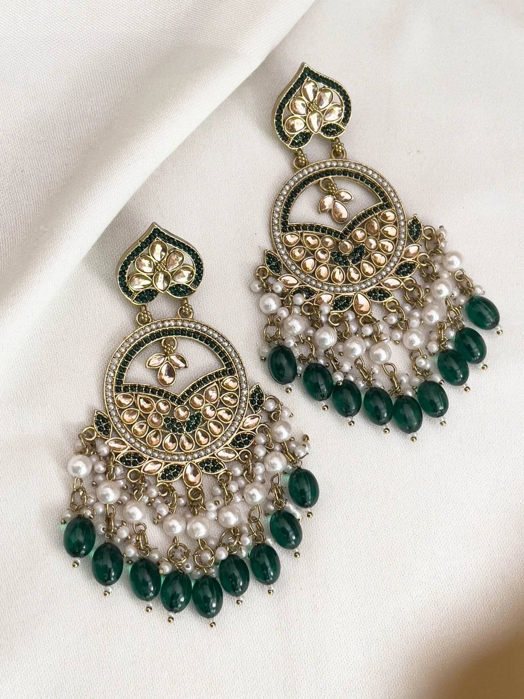 Ishhaara Green Meenakari Kundan Studded Chandbali Earrings