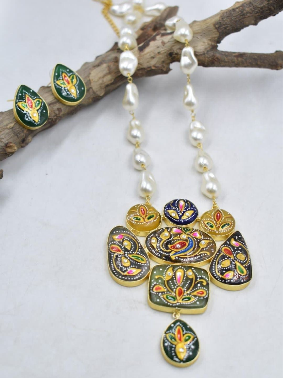 Ishhaara Green Meenakari Painted Pendant Necklace Set - handcrafted Indian jewellery