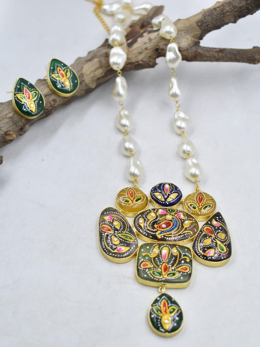 Ishhaara Green Meenakari Painted Pendant Necklace Set - handcrafted Indian jewellery