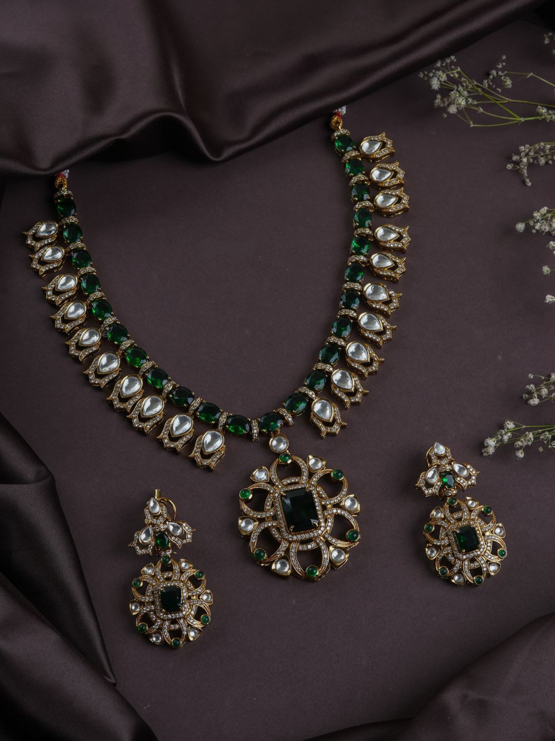 Ishhaara Green Meenakari Work Natural Stone Embellished Choker Necklace Set