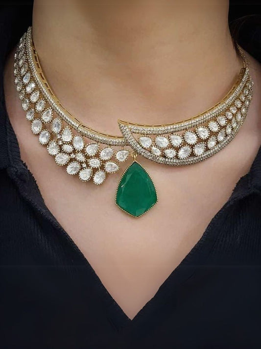 Ishhaara Green Moissanate Polki Kundan Victorian Finish Choker Necklace