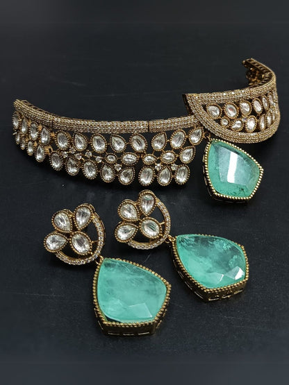 Ishhaara Green Moissanate Polki Kundan Victorian Finish Choker Necklace