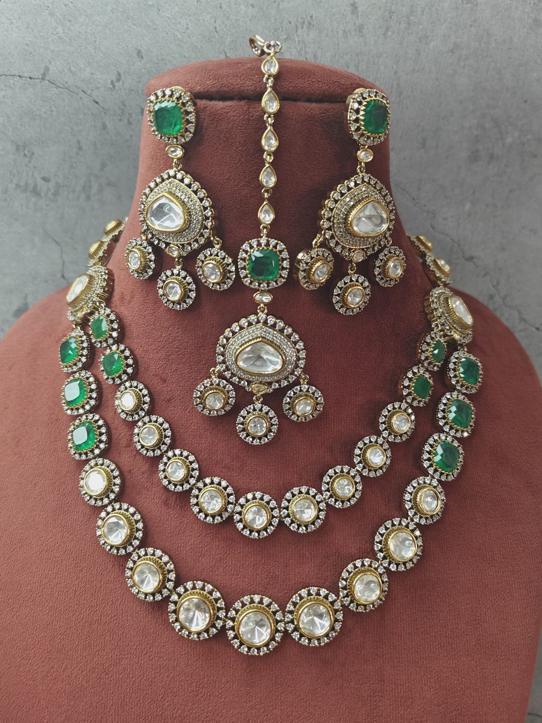 Ishhaara Green Moissanite Bridal Two Layered Necklace Set