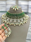 Ishhaara Green Moissanite Kundan And Ad Choker Set With Earrings