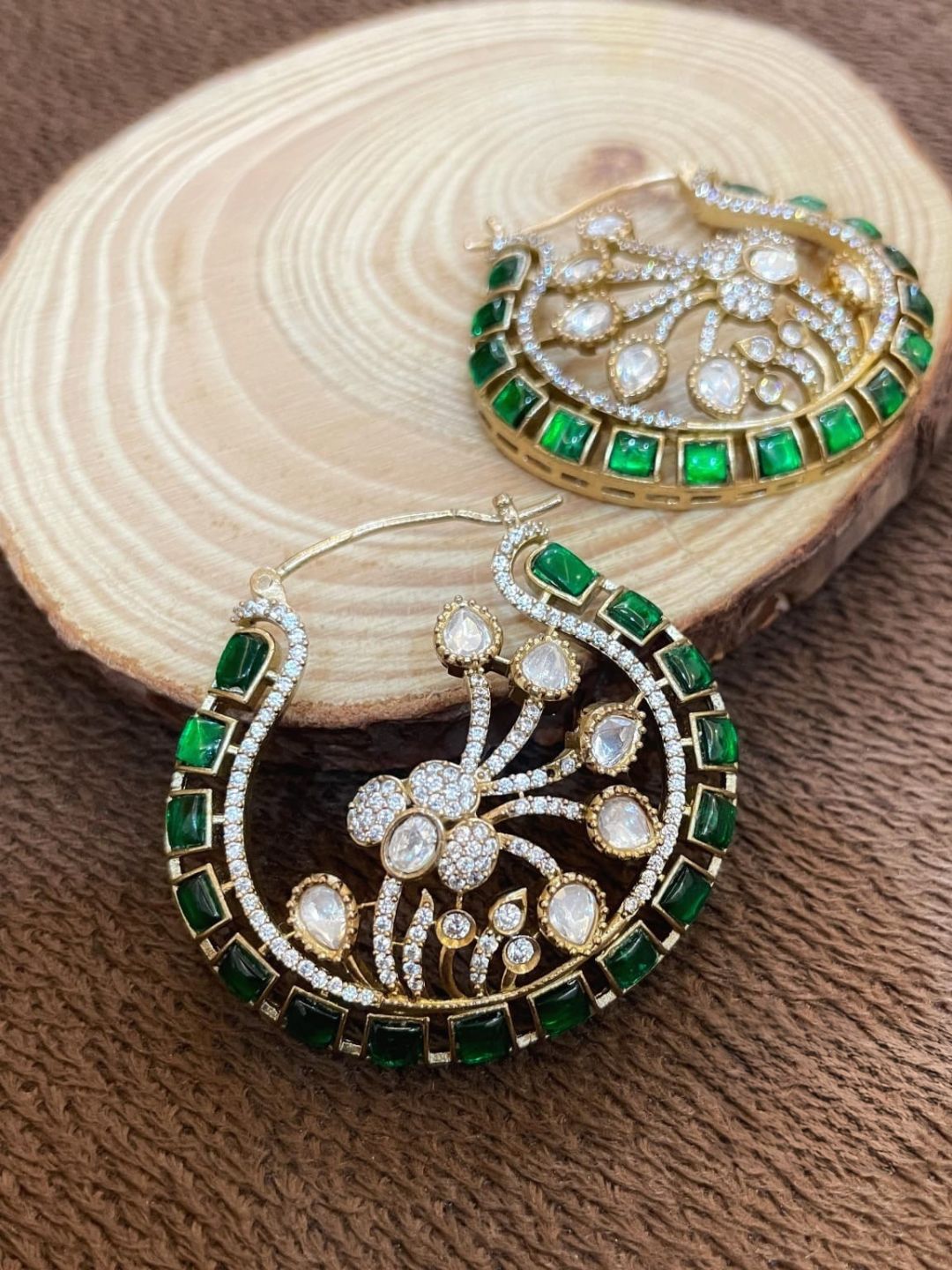 Ishhaara Green Moissanite Polki Hoop Earrings
